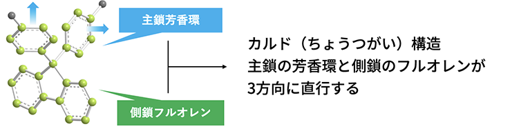 カルド(ちょうつがい)構造主鎖の芳香環と側鎖のフルオレンが3方向に直行する