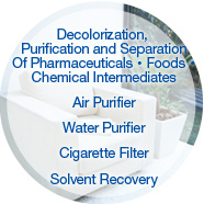 Decolorization, Purification and Separation Of Pharmaceuticals・Foods・Chemical Intermediates.Air Purifier.Water Purifier.Cigarette Filter.Solvent Recovery.